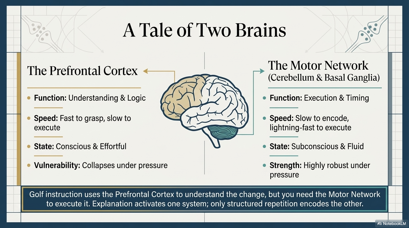 A Tale of Two Brains diagram showing the Prefrontal Cortex and Motor Network — from The Subconscious Swing by Kevin Cotter PGA